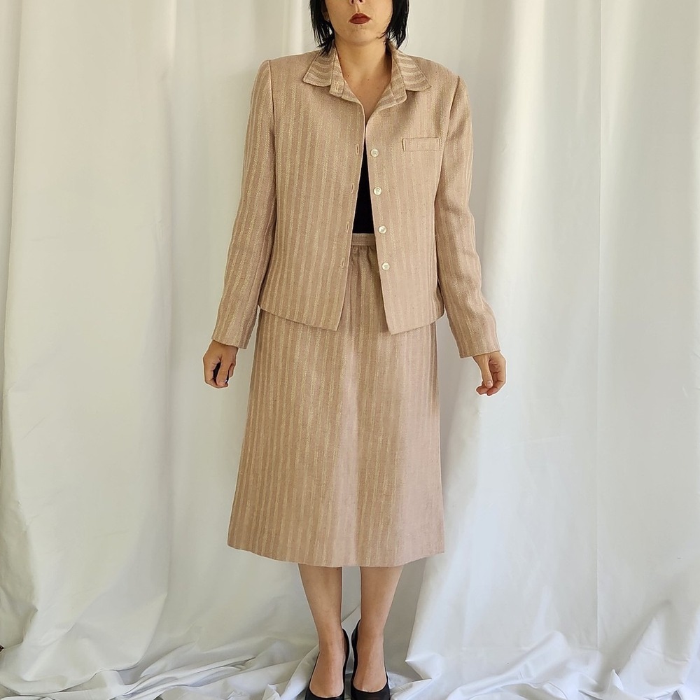 80s/90s Pink‎ and Cream Striped Skirt Suit